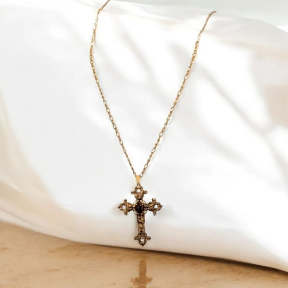 TRUE VINTAGE Renaissance Cross Necklace Heavy Gold Tigers Eye Christian